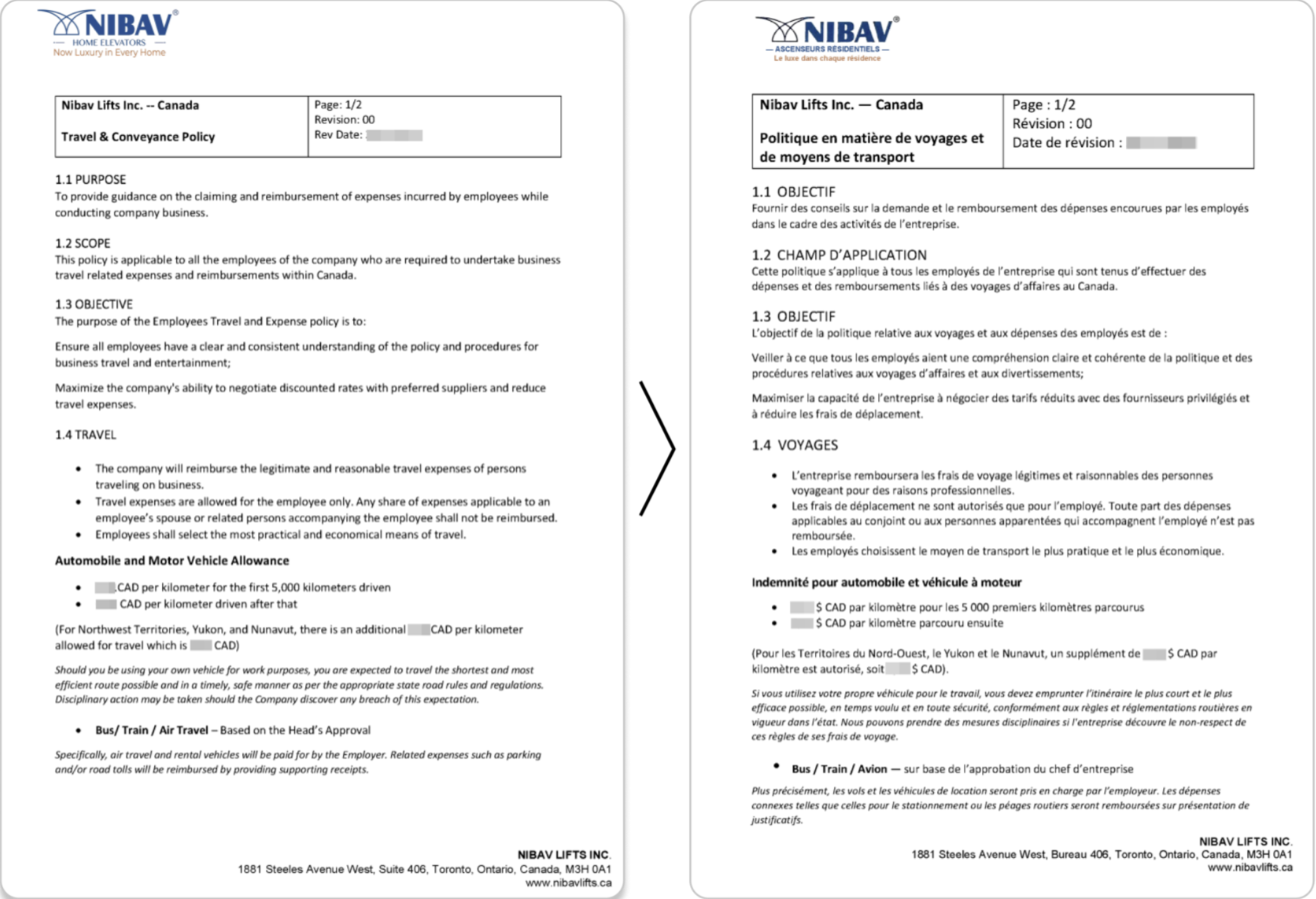 English to French - HR documentation for a new office